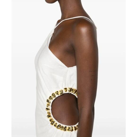 Cult Gaia Off White & Gold Maxi Halter Dress Embellished Side Cutouts Size 10 - Picture 3 of 14